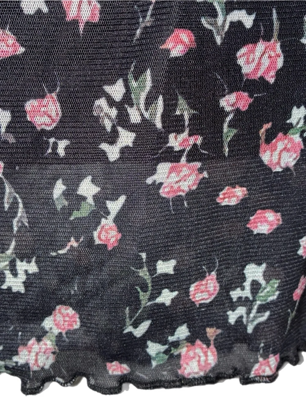 Vintage 90s/Y2K Style Floral Black Mesh Maxi Skirt with Lettuce Hem